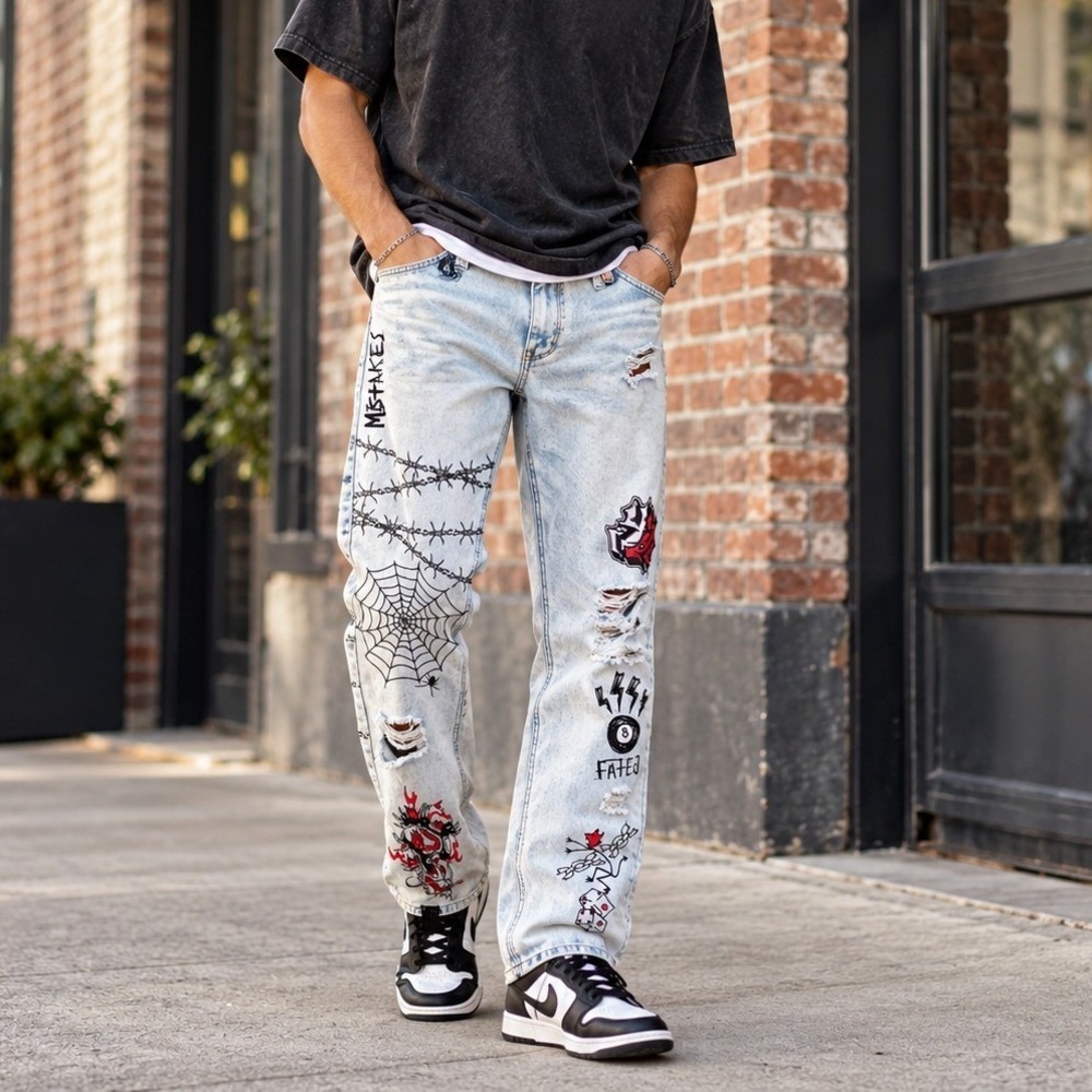 Ninth Rogue Fall 30 Distressed Graphic Jeans Light Wash Tattoo Y2K Grunge